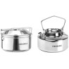 Cookware bushcraft Fire-Maple Antarcti inox suspendu au-dessus d’un feu de camp avec poignée métallique